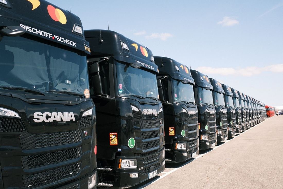 A line of trucks at a transport depot